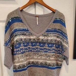 Free People Crocheted Sweater Drop Shoulder V-neck Sequined  Blue and Grey Small